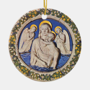 VIRGIN WITH CHILD AND ANGELS  Round Blue Sapphire Ceramic Tree Decoration