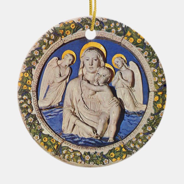 VIRGIN WITH CHILD AND ANGELS  Round Blue Sapphire Ceramic Tree Decoration (Front)