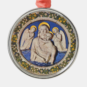 VIRGIN WITH CHILD AND ANGELS  Round Blue Sapphire Metal Tree Decoration