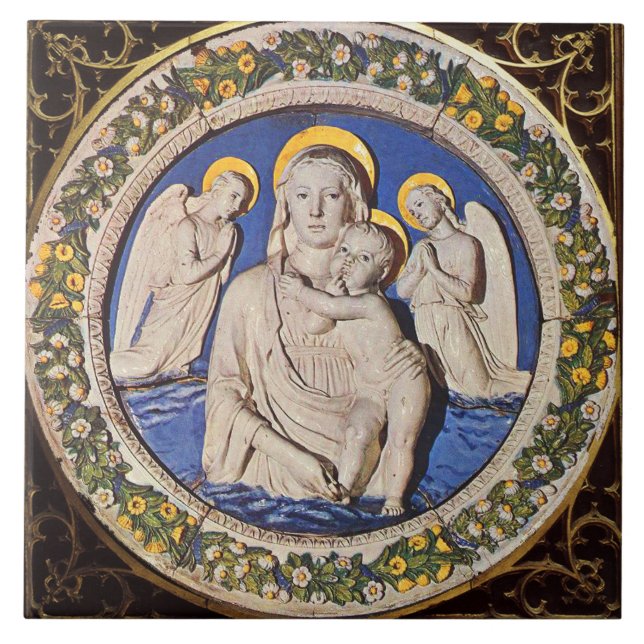 VIRGIN WITH CHILD AND ANGELS  Round  Ceramic Tile (Front)