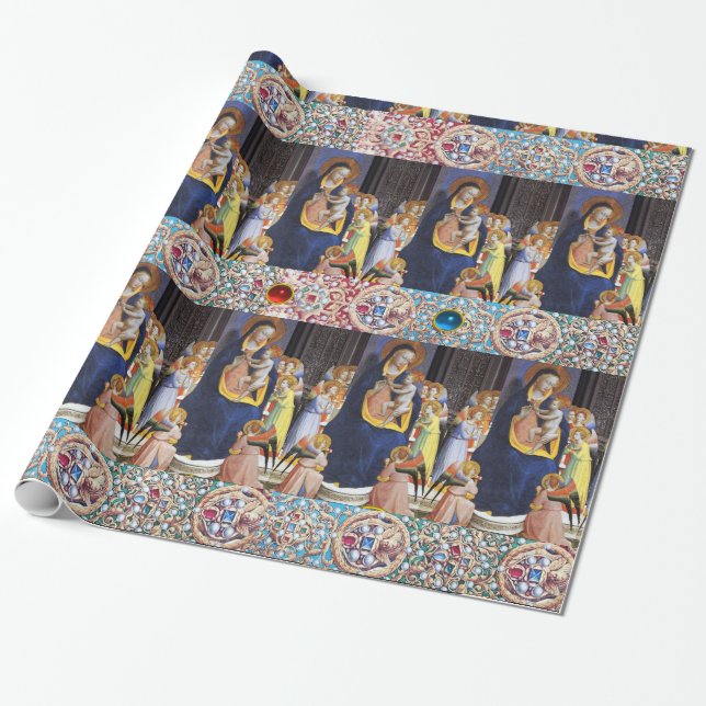 VIRGIN WITH CHILD AND SAINTS ,RED BLUE GEMSTONES WRAPPING PAPER (Unrolled)