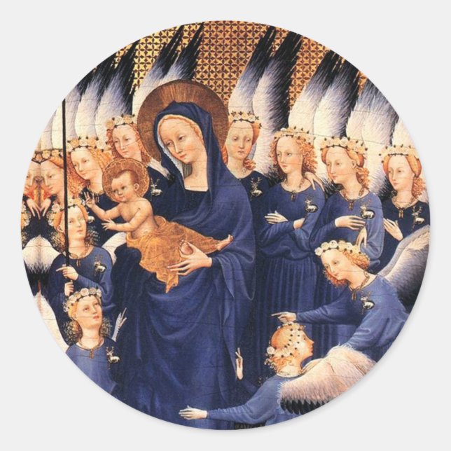 VIRGIN WITH CHILD,ANGELS, CHRISTMAS JOY PEACE LOVE CLASSIC ROUND STICKER (Front)