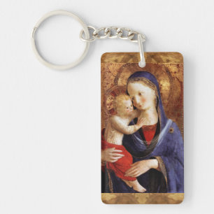 VIRGIN WITH CHILD ,Ave Maria Prayer Parchment Key Ring