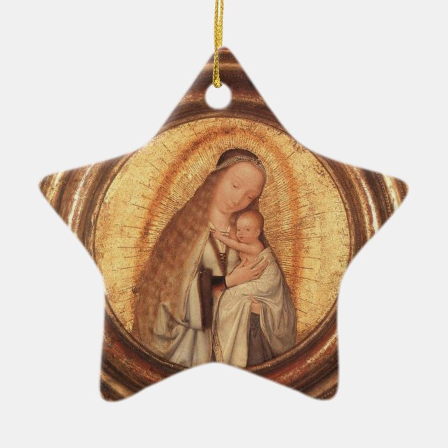 VIRGIN WITH CHILD  GOLD AND RED RUBY STAR CERAMIC ORNAMENT (Front)