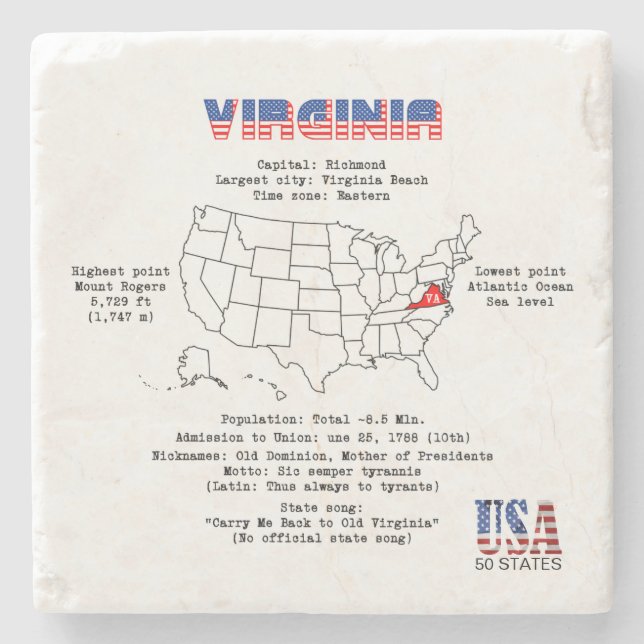 Virginia American state on a map and useful info Stone Coaster (Front)