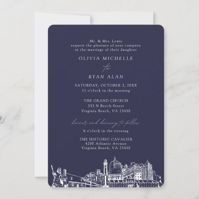 Virginia Beach Church Wedding Two Location Navy Invitation (Front)