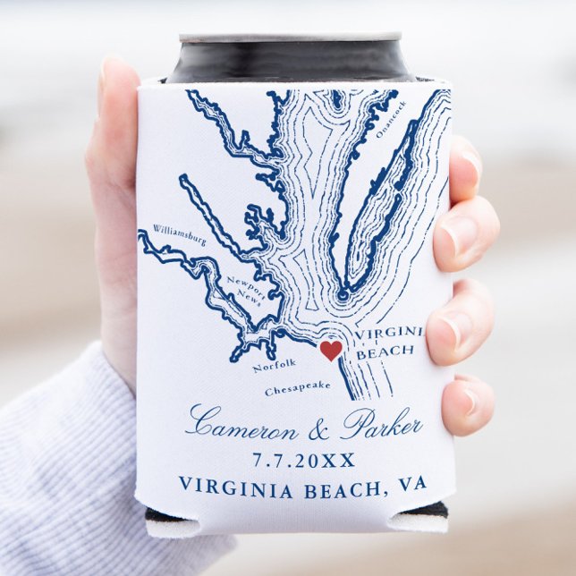 Virginia Beach Map Elegant Navy Blue Wedding Favou Can Cooler (Virginia Beach Can Coozie Wedding Favor for an Elegant Navy Blue Wedding from Coastal Map Designs)
