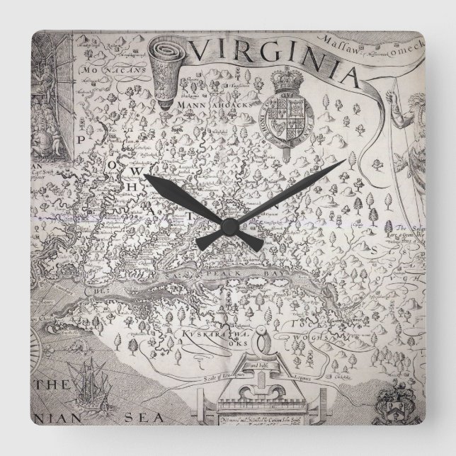 Virginia Map, 1612 Square Wall Clock (Front)