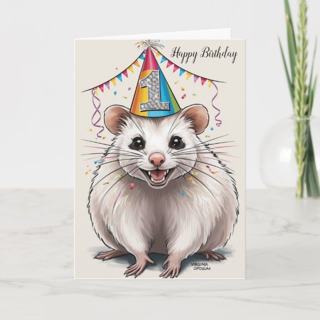 Virginia Opossum wearing birthday hat  Card (Front)