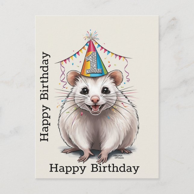 Virginia Opossum wearing birthday hat  Postcard (Front)