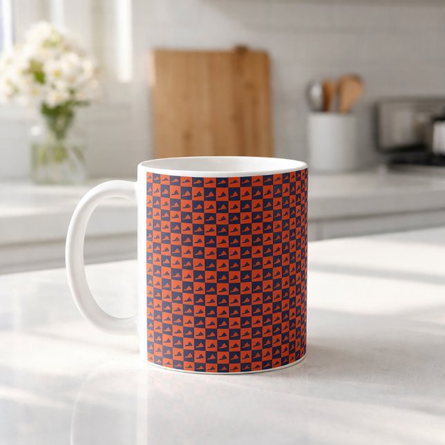 Virginia Pattern Chequerboard Orange Blue Coffee Mug (A mug with an orange and blue pattern featuring the US state of Virginia.)