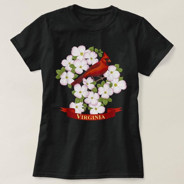Virginia Red Cardinal State Bird & Pink Dogwood Fl T-Shirt (Design Front)