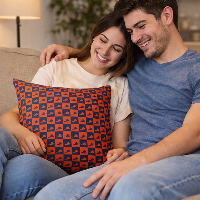 Virginia Silhouette Chequered Pattern Blue Orange Cushion (A throw pillow with a blue and orange pattern featuring the US state of Virginia.)