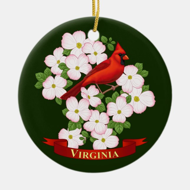 Virginia State Cardinal Bird and Dogwood Flower Ceramic Ornament (Front)