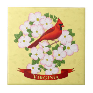 Virginia State Cardinal Bird and Dogwood Flower Ceramic Tile