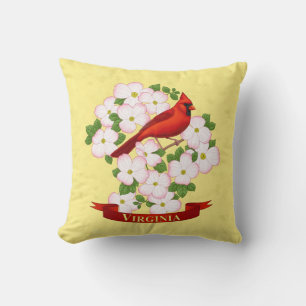 Virginia State Cardinal Bird and Dogwood Flower Cushion