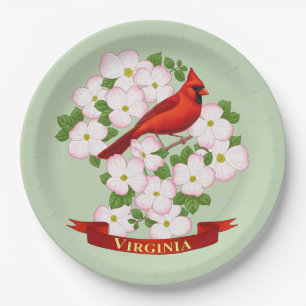 Virginia State Cardinal Bird and Dogwood Flower Paper Plate