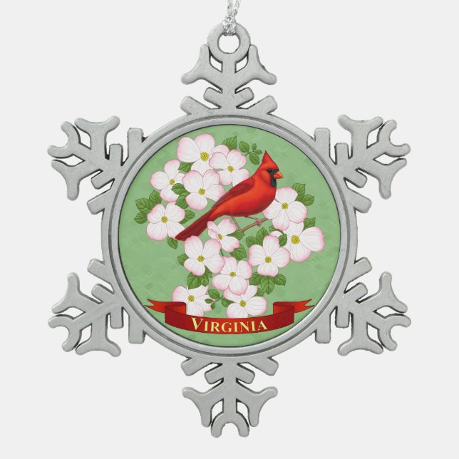 Virginia State Cardinal Bird and Dogwood Flower Snowflake Pewter Christmas Ornament (Front)