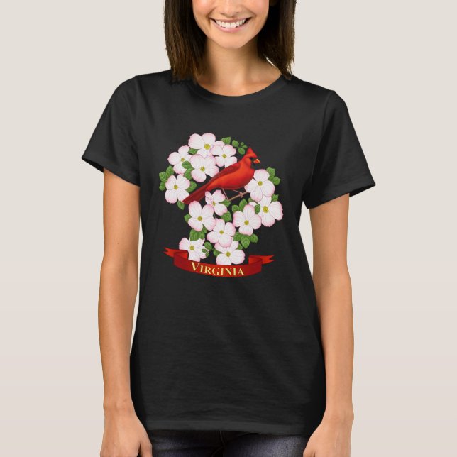 Virginia State Cardinal Bird and Dogwood Flower T-Shirt (Front)
