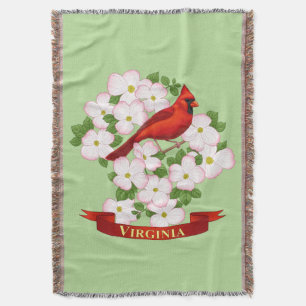 Virginia State Cardinal Bird and Dogwood Flower Throw Blanket