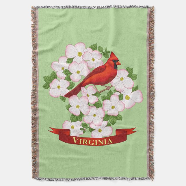 Virginia State Cardinal Bird and Dogwood Flower Throw Blanket (Front Vertical)