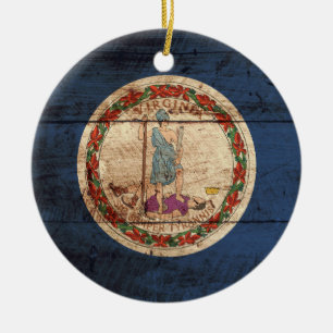 Virginia State Flag on Old Wood Grain Ceramic Tree Decoration