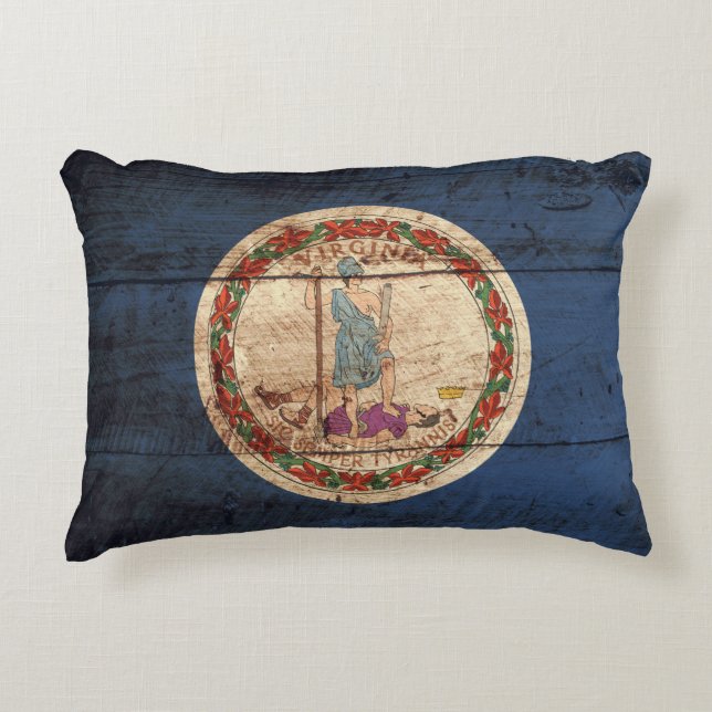Virginia State Flag on Old Wood Grain Decorative Cushion (Front)