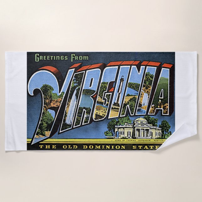 Virginia State Retro Greetings Colourful Art USA Beach Towel (Front)