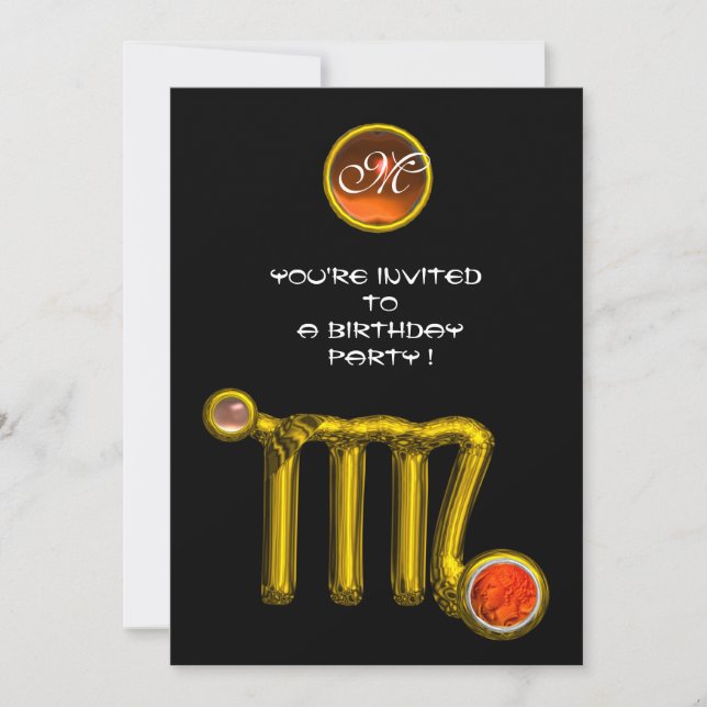 VIRGO /GOLD ZODIAC SIGN JEWEL BLACK BIRTHDAY PARTY INVITATION (Front)