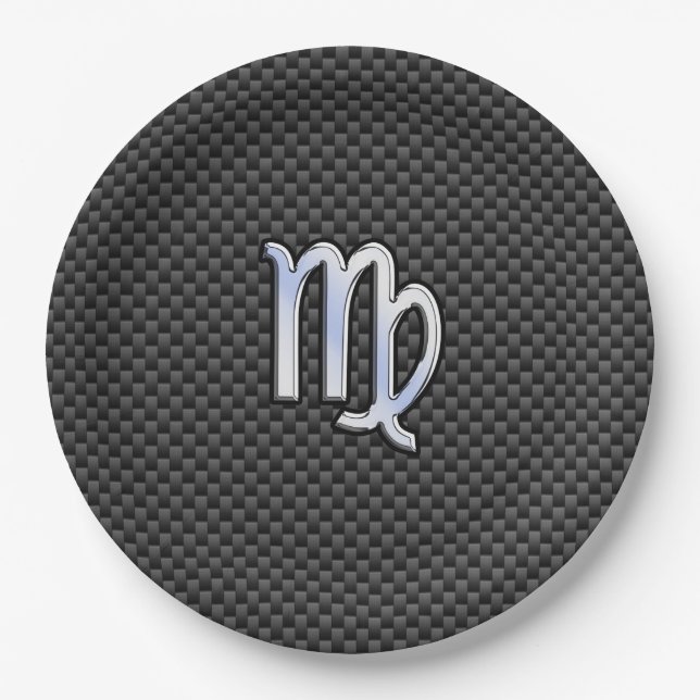 Virgo Sign on Charcoal Carbon Fibre Print Paper Plate (Front)