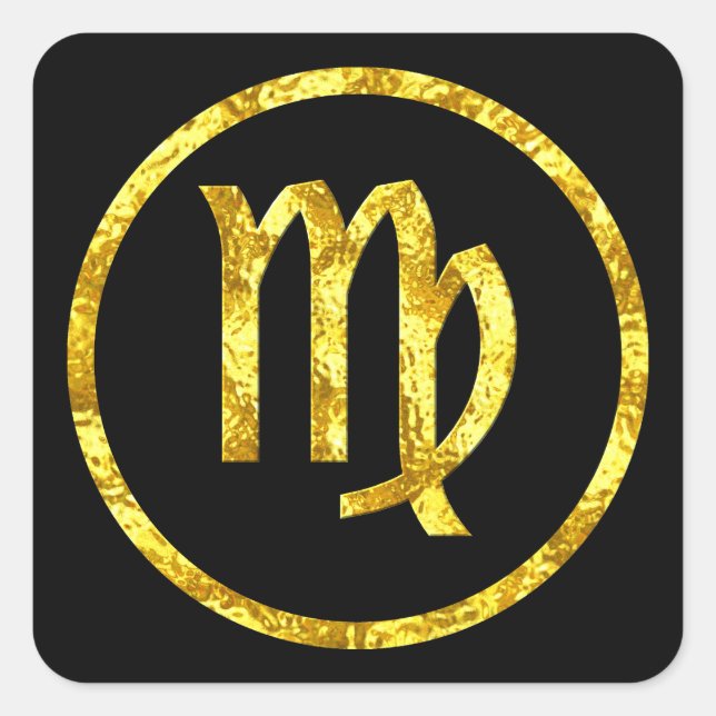 Virgo Sun Sign Black Circle Hammered Gold Look Square Sticker (Front)
