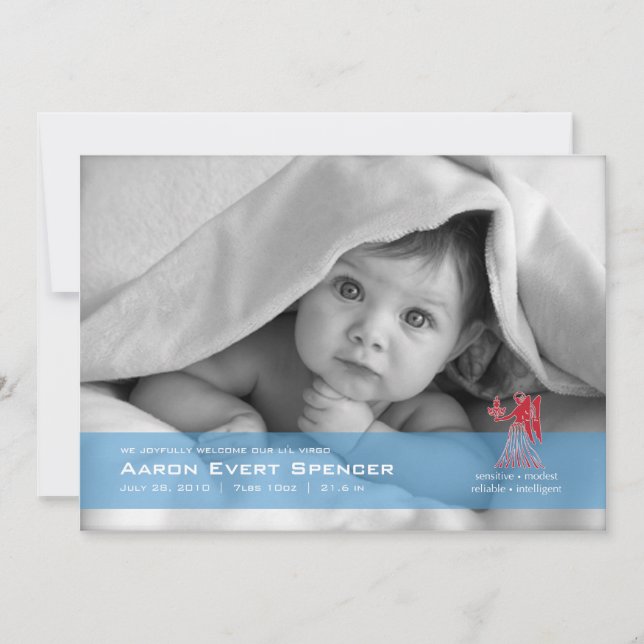 Virgo the Virgin Photo Birth Announcement Card (Front)