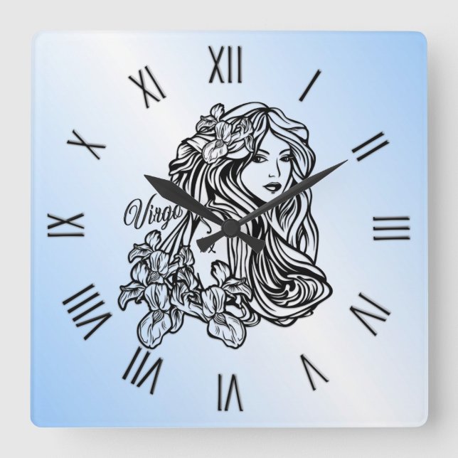 Virgo The Virgin Zodiac Blue Roman Numerals Square Wall Clock (Front)