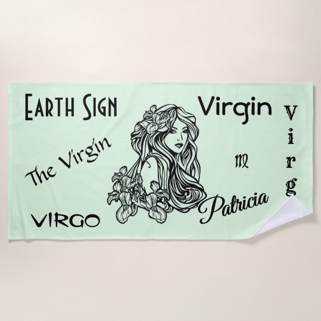 Virgo The Virgin Zodiac Green Beach Towel (Front)