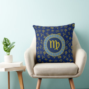 Virgo Zodiac+Astrology Symbols Pattern Gold+Blues Cushion