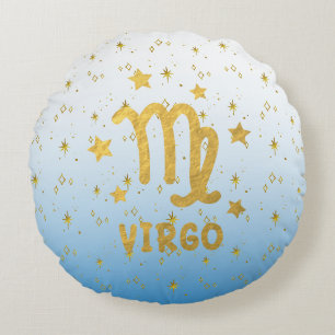 Virgo Zodiac Blue and Gold Round Pillow