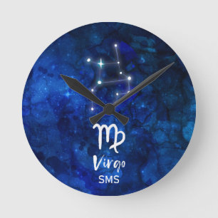 Virgo Zodiac Constellation Blue Galaxy Monogram Round Clock