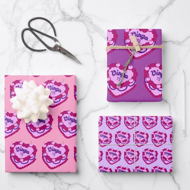 Virgo Zodiac Coquette Heart Birthday Cake Wrapping Paper Sheet (Front)