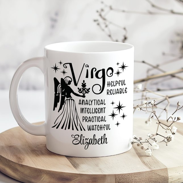 Virgo Zodiac Horoscope Custom Name  Coffee Mug (Virgo Zodiac Horoscope Custom Name Coffee Mug on a boho wooden kitchen table with tiny dry flowers.)