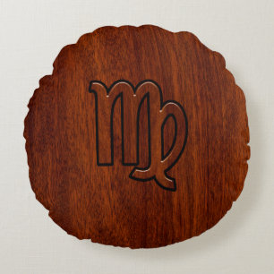 Virgo Zodiac in Mahogany wood style Round Cushion