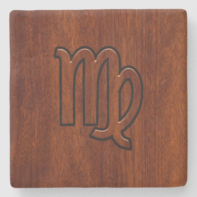 Virgo Zodiac in Mahogany wood style Stone Coaster (Front)