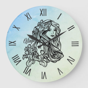 Virgo Zodiac Misty w Roman Numerals Large Clock