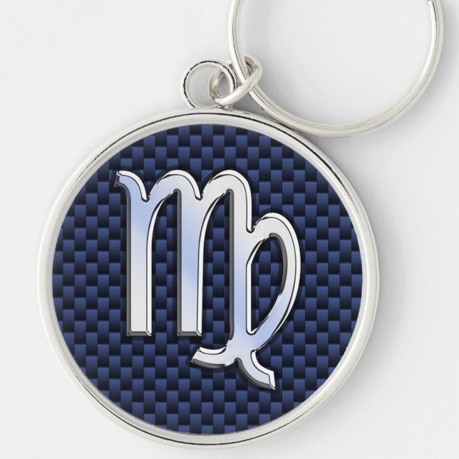Virgo Zodiac on Navy Blue Carbon Fibre Print Style Key Ring (Front)