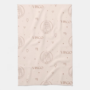 Virgo Zodiac Pattern in Brown and Burgundy Tea Towel