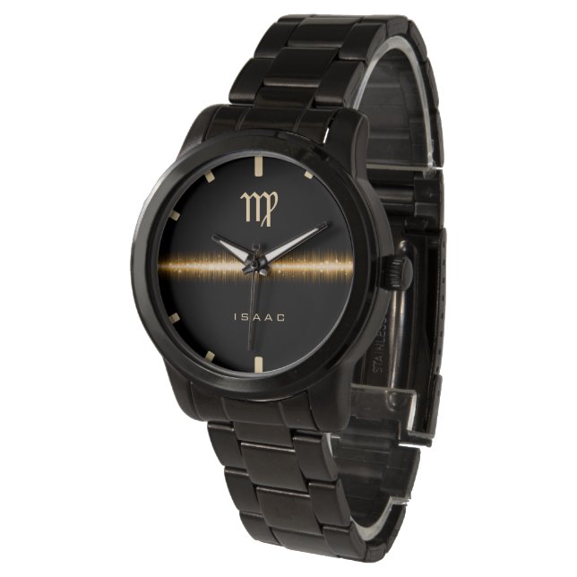 Virgo Zodiac Sign Cool Gold Light Line Custom Name Watch (Angled)