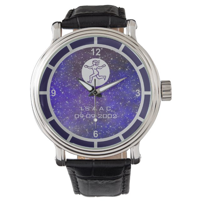 Virgo Zodiac Sign Elegant Custom Name Birth Date Watch (Front)