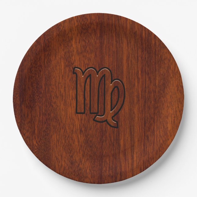 Virgo Zodiac Sign in Rich Mahogany Wood Style Paper Plate (Front)