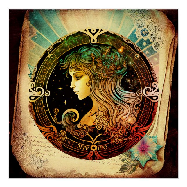 Virgo zodiac sign on antique book page (Front)