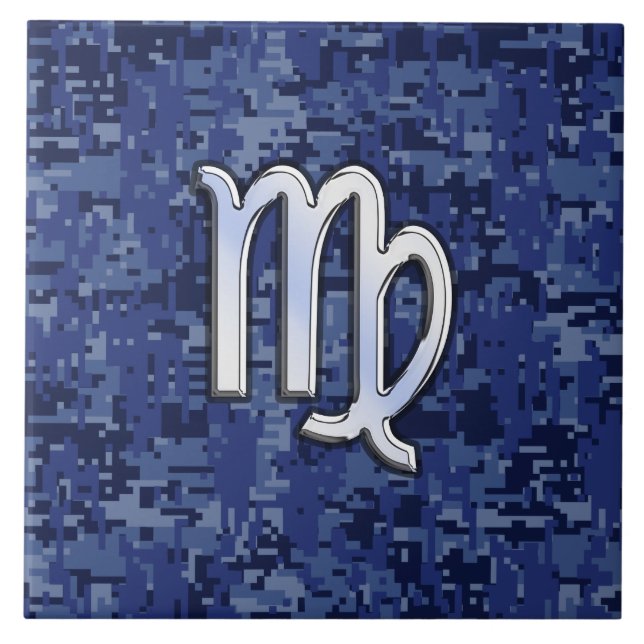 Virgo Zodiac Sign on Blue Digital Camouflage Ceramic Tile (Front)