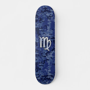 Virgo Zodiac Sign on Blue Digital Camouflage Skateboard